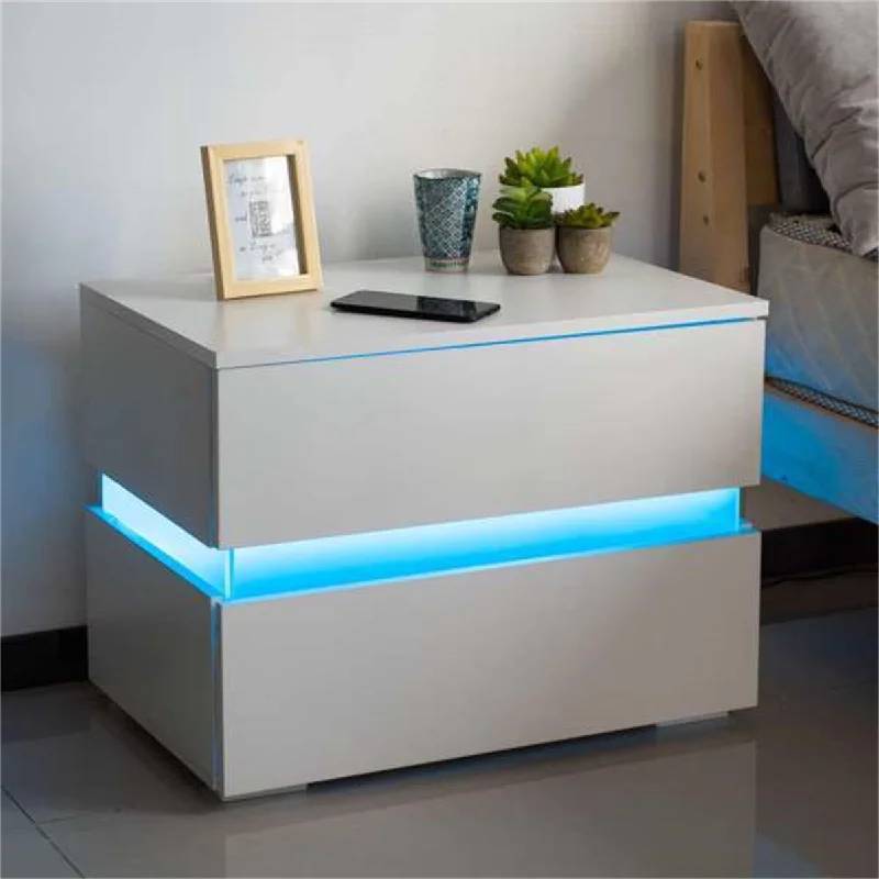 White LED Nightstand End Table 2-Drawer Storage Shelf Side