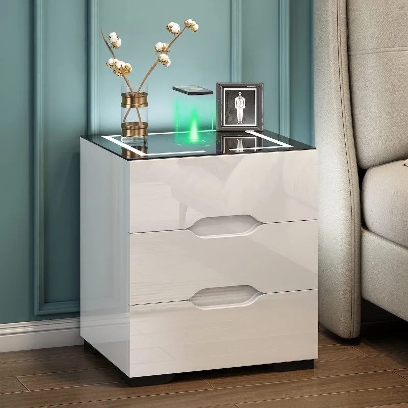 White Nightstand with Wireless Charging Station & Adjustable LED Lights, High Gloss End Table with 3 Drawers & USB Charging