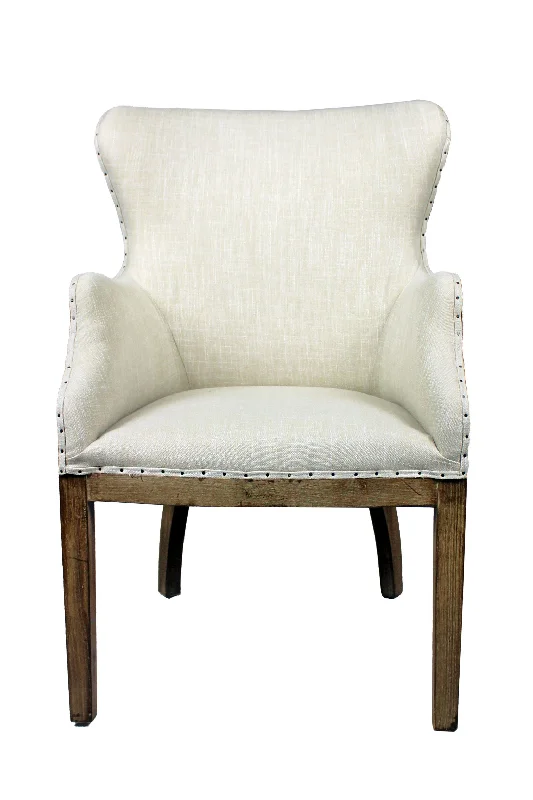 Fabric And Solid Wood Dining Arm Chair - Ivory / Brown