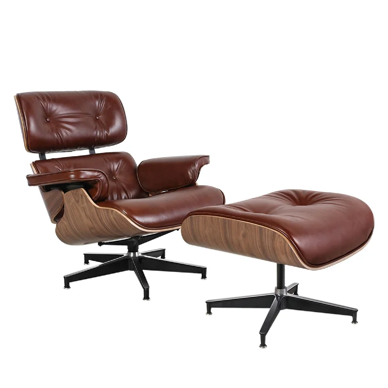 Tufted Genuine Leather Swivel Lounge Chair with Ottoman 35" - Brown